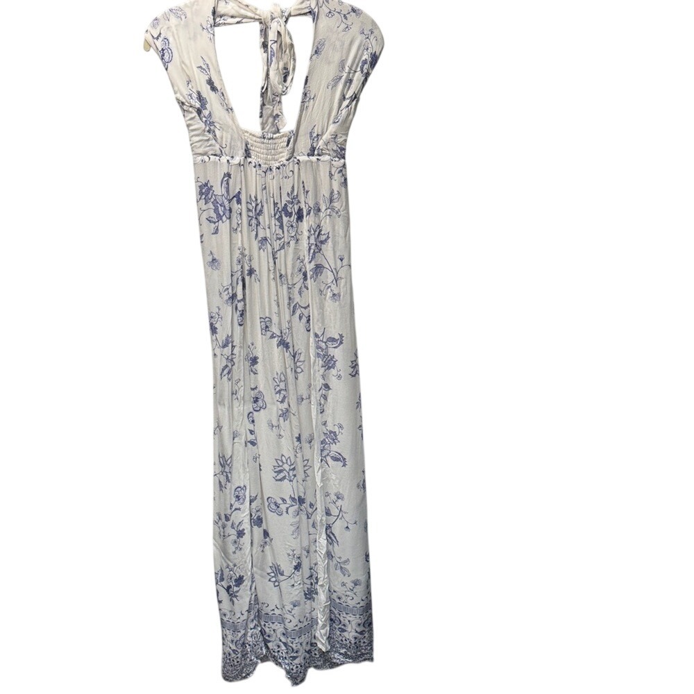TJD‎ White Blue Floral Toile Smocked Empire Waist Maxi Dress Small